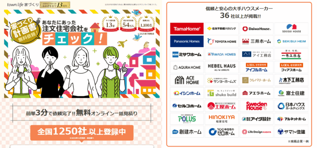 タウンライフ家づくりのサイトイメージと一括資料請求のできる大手ハウスメーカー例